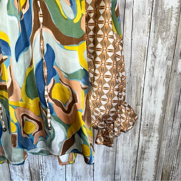 Entro All In A Day Abstract Brown/Yellow Satin Blouse - Picture 3 of 7